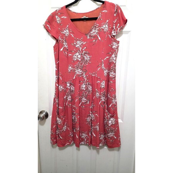 Garnet Hill Women's Floral Print Summer Cap Sleeve Dress Size 6 Coral & White V- - Picture 2 of 8